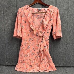 Topshop Pink Ruffled Wrap Blouse 3/4 Sleeves